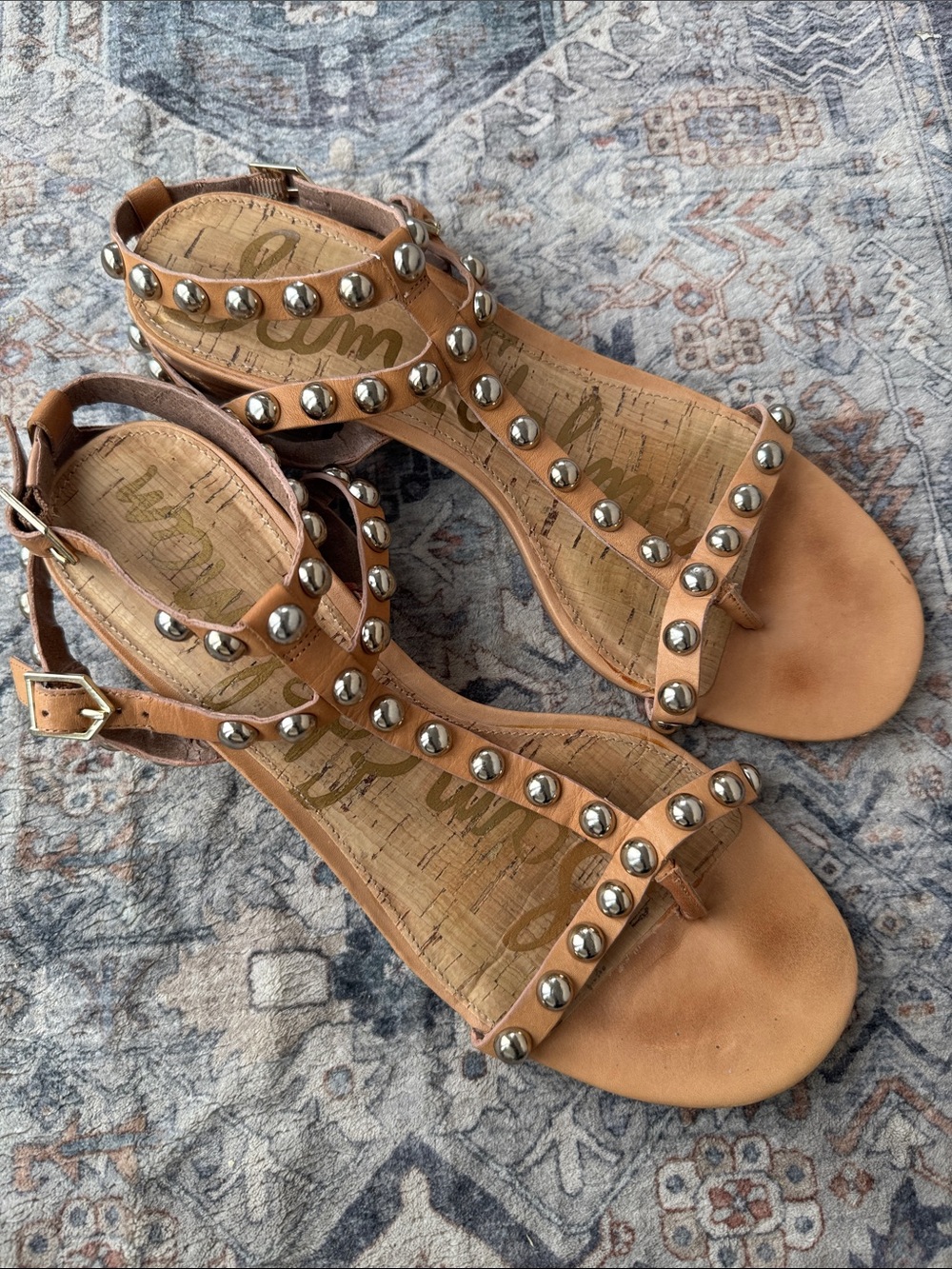 Sam Edelman Tan Studded T-Strap Sandals Block Heel Leather - Picture 5 of 11
